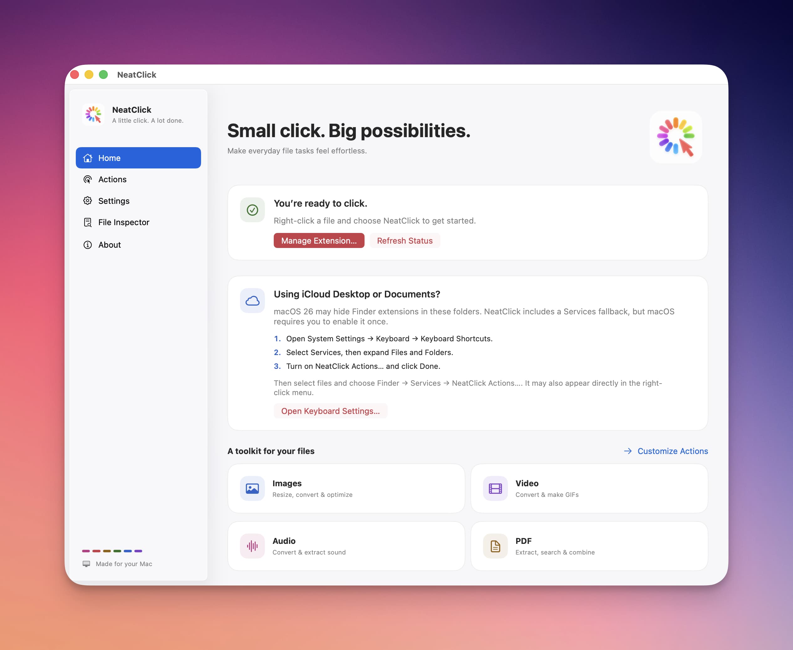 NeatClick home screen and Finder setup